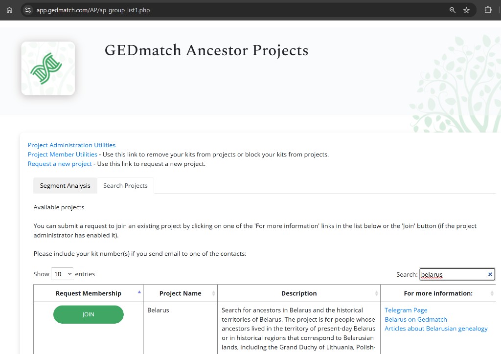 GEDmatch Ancestor Projects: укладка Search Projects, у полі Search уведзена Belarus, у сьпісе праект Belarus і зялёная кнопка JOIN