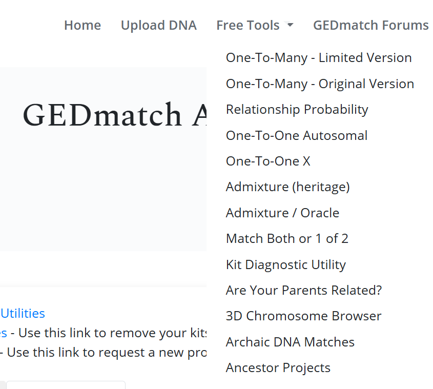 Мэню GEDmatch: Home, Free Tools, у сьпісе пункт Ancestor Projects