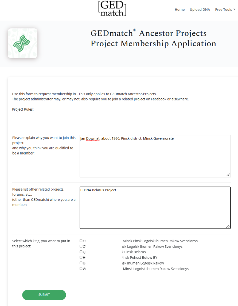 Форма GEDmatch Project Membership Application: палі лацінкай і выбар kit